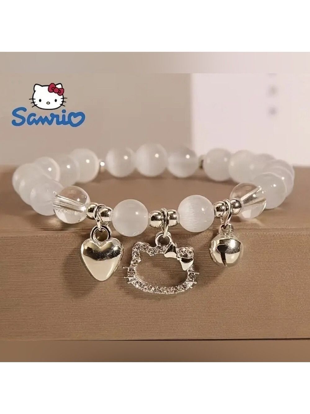 Hello Kitty Y2K Style Beaded Elastic Bracelet With Heart-Shaped Charms NIP